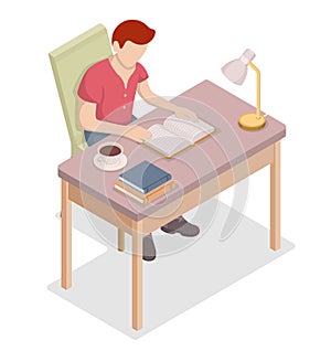 Man reading a book sitting at the table isometric vector.