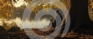 Man reading a book while sitting under the tree by the lake at the public park for recreation, leisure and relaxation in