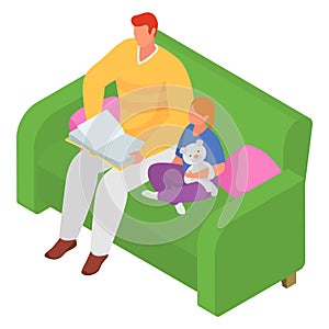 Man reading book to child on green couch. Girl with teddy bear listening to father storyteller. Family bonding and story