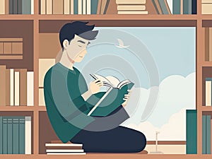 Man Reading in Library Amidst Publications