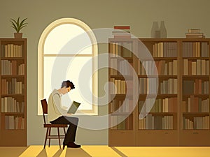 Man Reading in Library Amidst Publications