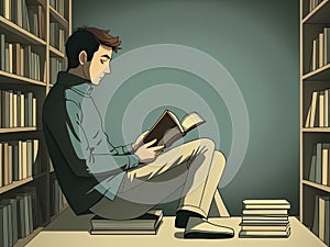 Man Reading in Library Amidst Publications