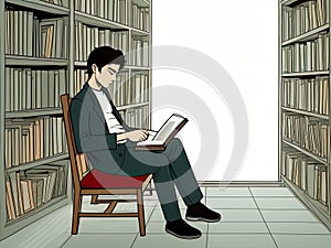 Man Reading in Library Amidst Publications