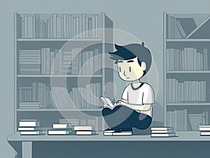 Man Reading in Library Amidst Publications