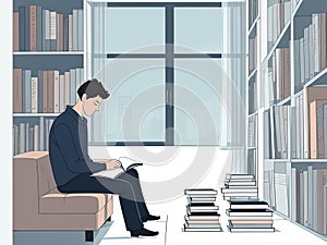 Man Reading in Library Amidst Publications