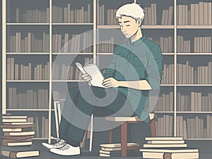 Man Reading in Library Amidst Publications