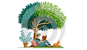 Man Reading in Nature with Cat Illustration