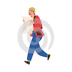 Man reading a newspaper on the run, flat cartoon vector illustration isolated.