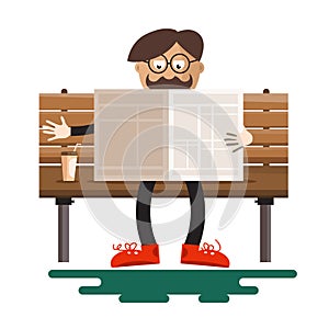 Man Reading Newspapers on Bench