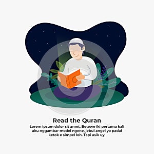 Man reading the quran and illuminated with light of holy book vector illustration. ramadan activity with leaf and glower