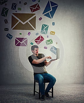 Man receive a lot of different messages coming out of notebook screen