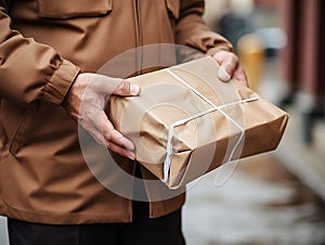 a man received a postal package and takes it home