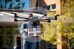 A man receives an order in a cardboard box using a drone or sends it