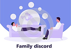 The man on reception at pyschology about family discord with his wife. pyschology concept. Vector illustration in a flat