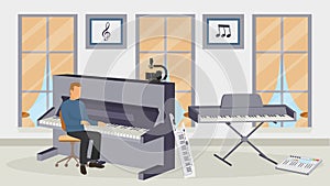 Man recording music video on camcorder, playing musical instrument piano vector illustration.