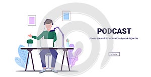 Man recording podcast in studio podcasting broadcasting online radio concept guy speaker wearing headphones talking to