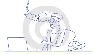 Man in recording studio talking microphone chat bubble communication concept sketch doodle horizontal