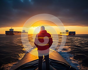 Man in a red blazer standing his back to camera. Dock worker looking at two big loaded trading ships sailing away. Generative AI