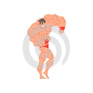 Man In Red Briefs And Wristlets Bodybuilder Funny Smiling Character On Steroids Demonstrating Muscles As Strongman photo