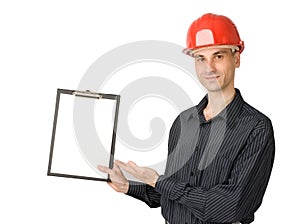 Man in a red building helmet