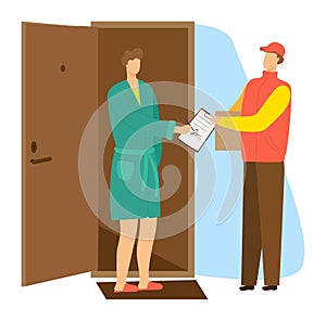 Man red cap delivers package woman green robe signing clipboard home doorway. Delivery service