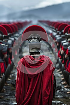 A man in a red cape and helmet, resembling King Leonidas, stands proudly in front of a line of soldiers, ready for