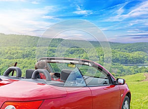 Man in red car with open roof at background of sea water.