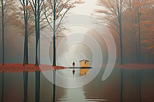 A man in a red cloak in foggy gloomy park, autumn background. Generative AI