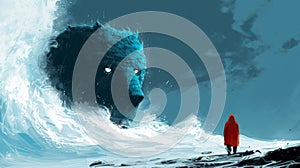 A man in red coat standing on a beach looking at an enormous wave, AI