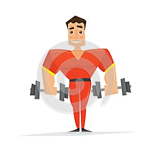 Man in red with dumbbells on white background.