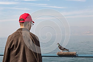 Man in a red hat looking at a pigeon sitting on a railing platform, copy spac