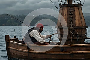 a man in a red hat is steering a wooden boat with a fishing rod Deadly Catch Battling Monsters