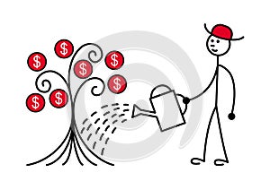 A man in a red hat watered a tree. On the tree grow dollars. Vector drawing