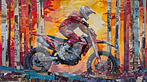 A man in a red helmet is riding a dirt bike through a forest