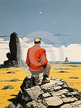 A man in a red jacket standing on the edge of a cliff and looking at the landscape.