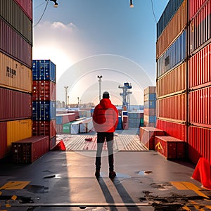 Man in red jacket standing in front of cargo containers at sunset.