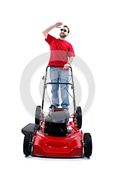 Man With Red Lawn Mower Over White