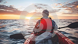 A man in a red life jacket paddles a kayak on a calm ocean