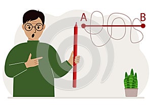 A man with a red pencil in his hand. A line is drawn from point A to point B, a straight and difficult path, the