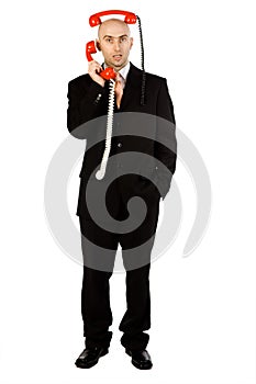 Man with red phone handsets