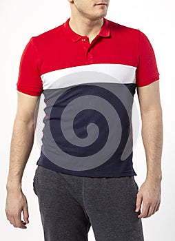 a man in a red Polo shirt on a white background, shirt with a place for writing