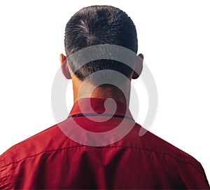 A man in a red shirt stands isolated on a white background