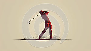 A man in a red shirt is swinging a golf club