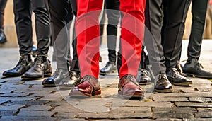 Man with Red Shoes and Trousers Among a Group of Men with Black Shoes and Trousers - Generative Ai