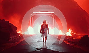 a man in a red space suit walking towards a tunnel