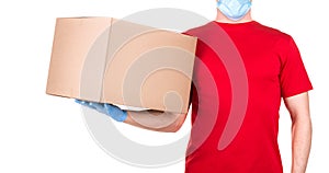 Man in red t-shirt and blue medical gloves holding cardboard box isolated white