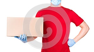 Man in red t-shirt and blue medical gloves holding cardboard box isolated white