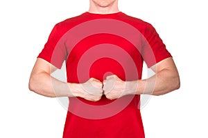 Man in red t-shirt displaying a hostile or aggressive gesture fist bump isolated