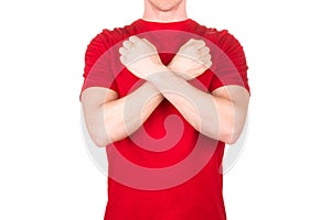 Man in red t-shirt displaying a hostile or aggressive gesture fist bump isolated