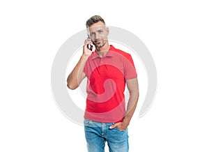 man in red tshirt speaking on phone isolated on white background